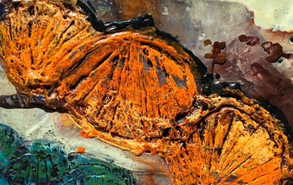 “DNA: Major Groove, Minor Groove II” 6 3/8”H X 7 5/8” W, oil paint, encaustics, and water color on gessoed board