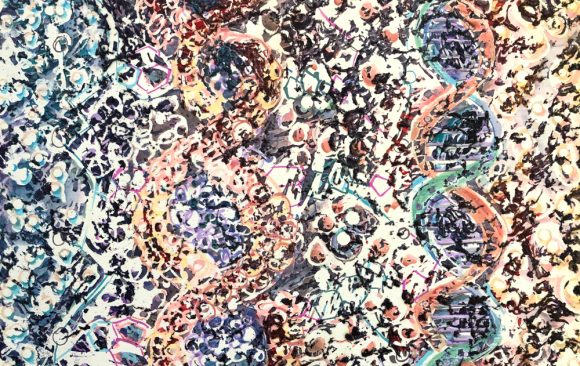 Double DNA: Molecules & Crust” , 11” H X 14” W, Ink, watercolor and crust, encaustics, with beeswax resist on gessoed board